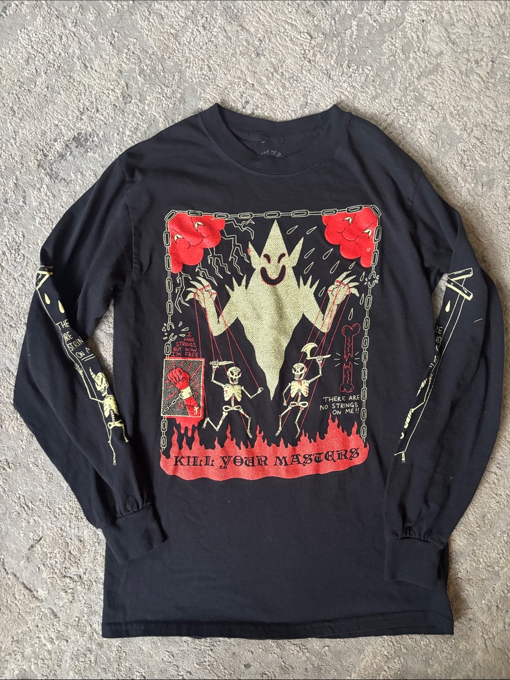 Black Long-Sleeve Graphic Tee with Red & Cream Illustration